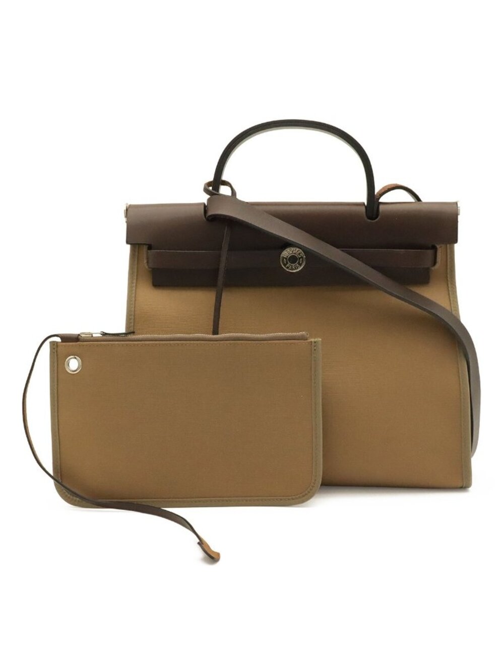 Hermes Herbag Zip PM 2-Way Shoulder Bag Toile Officier Khaki Beige Dark Brown
